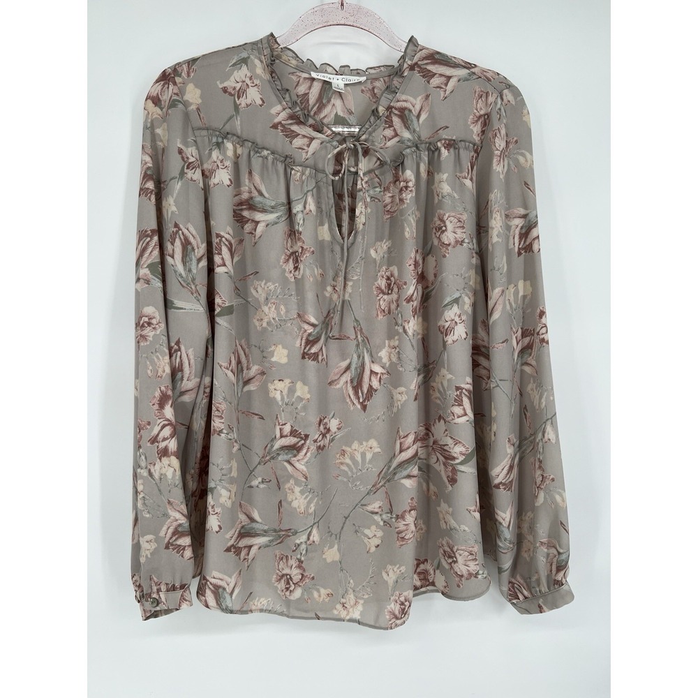 Violet + Claire Floral Basic Tunic Gray Blouse Women Size L Long Sleeve Pullover